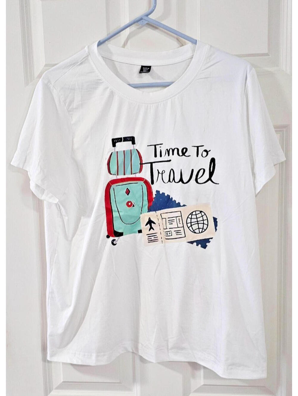 Shein T Shirt women' Sz 0XL  "Time to travel" Oversized Top White Top Tee Casual